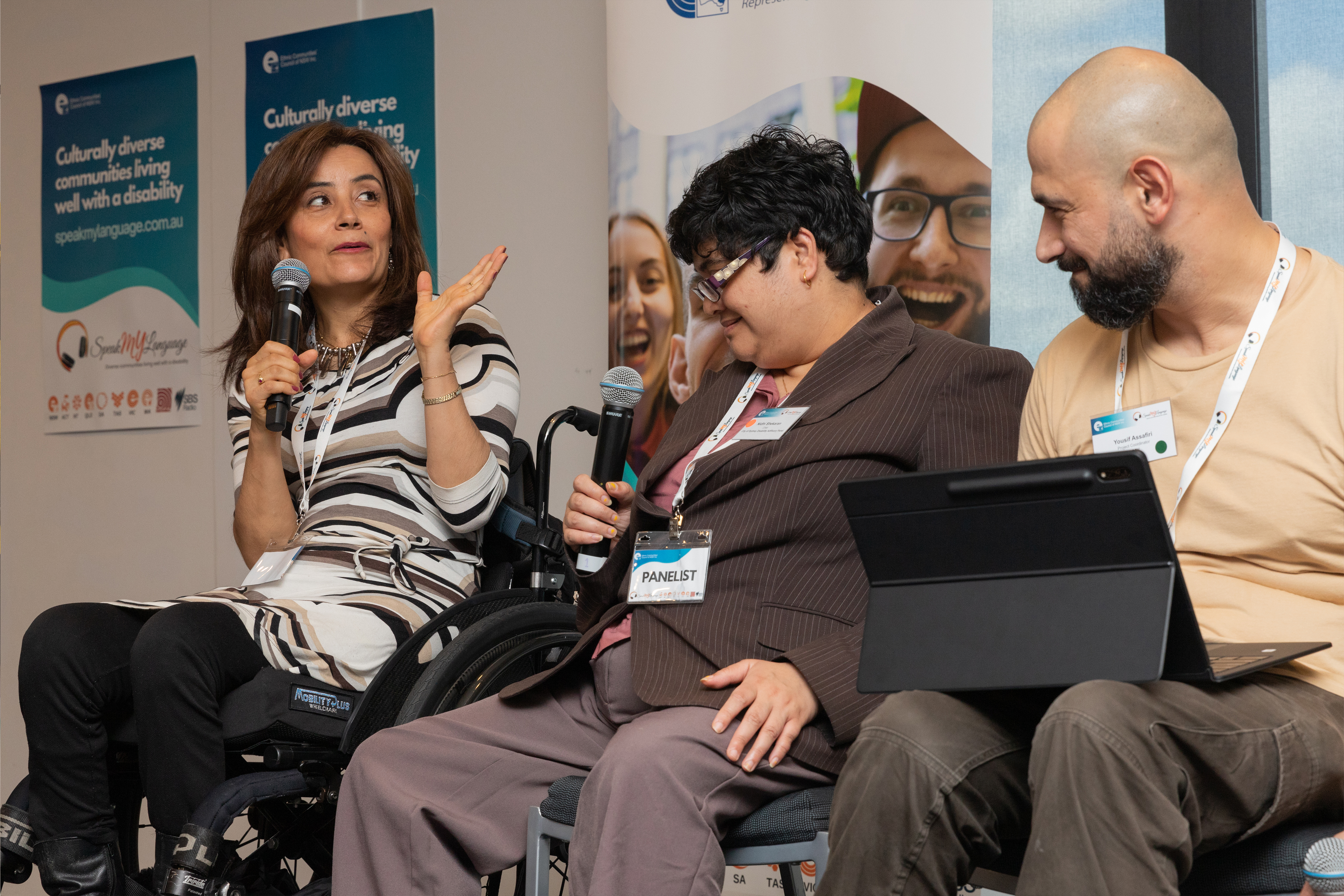 Storyteller panellists Rocca, Nidhi and Yousif on stage
