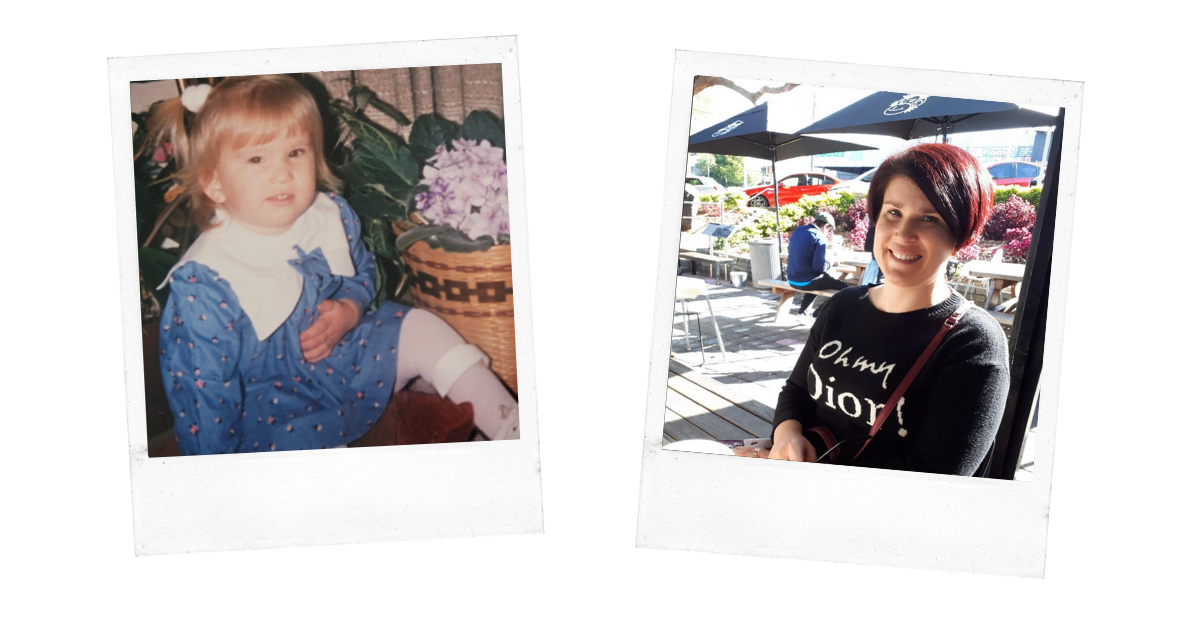 A photo of Ilinka as a young child in a blue dress next to a photo of her as an adult, with short hair and a black Dior jumper