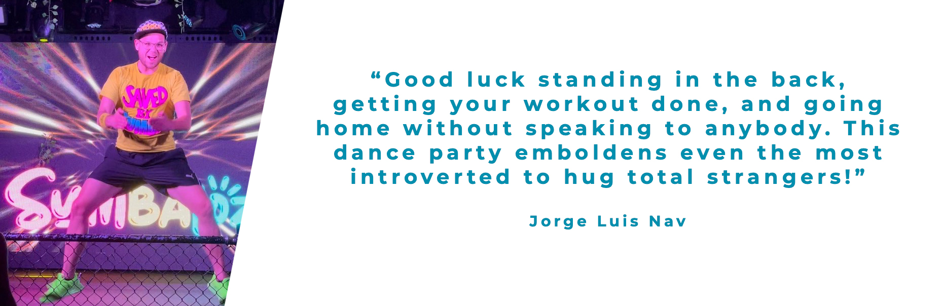 An image of Jorge dancing against a neon background, in bright green sneakers.